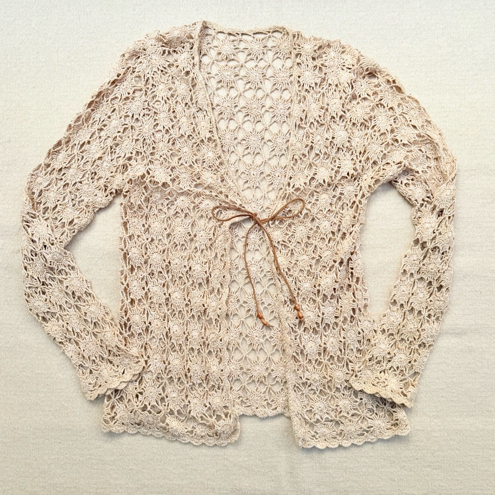Y2K Crochet Lace Knitted Cream Tan Cardigan Boho Hippie L